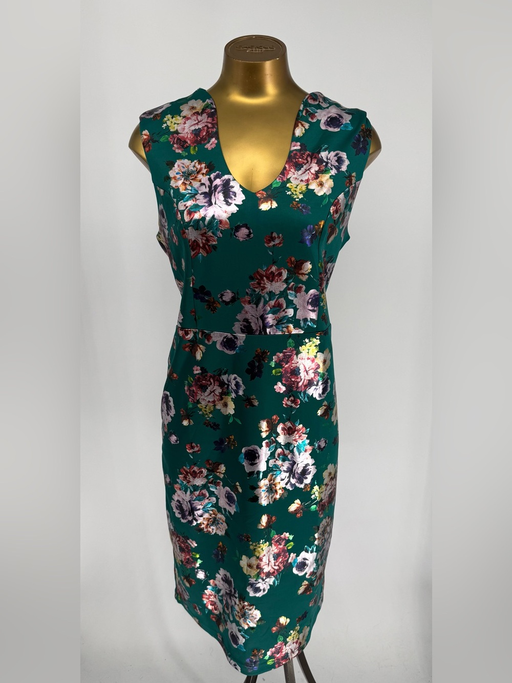 Nina Leonard NWT Teal Floral V-Neck Sheath Dress Size Large